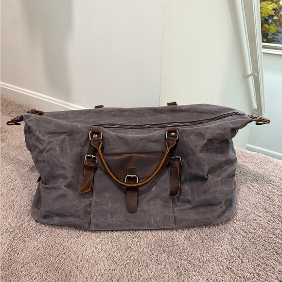 NEWHEY Gray canvas Duffel travel Bag with Brown Leather Straps waxed canvas - Picture 1 of 12